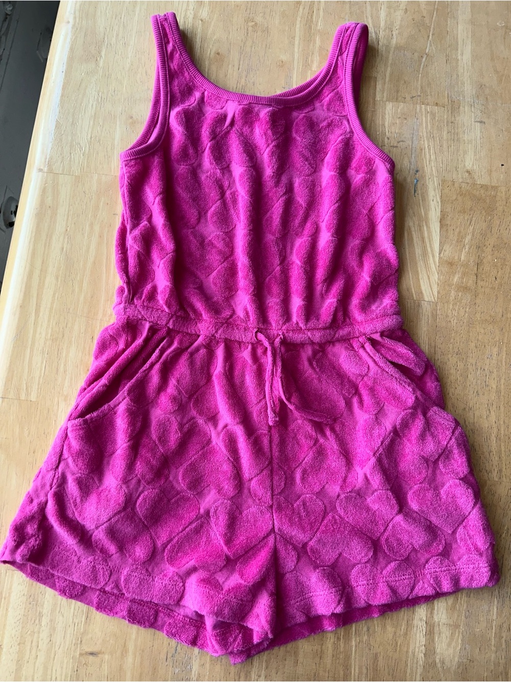 Girls 6/7 tank top romper shorts pink hearts old navy front pockets